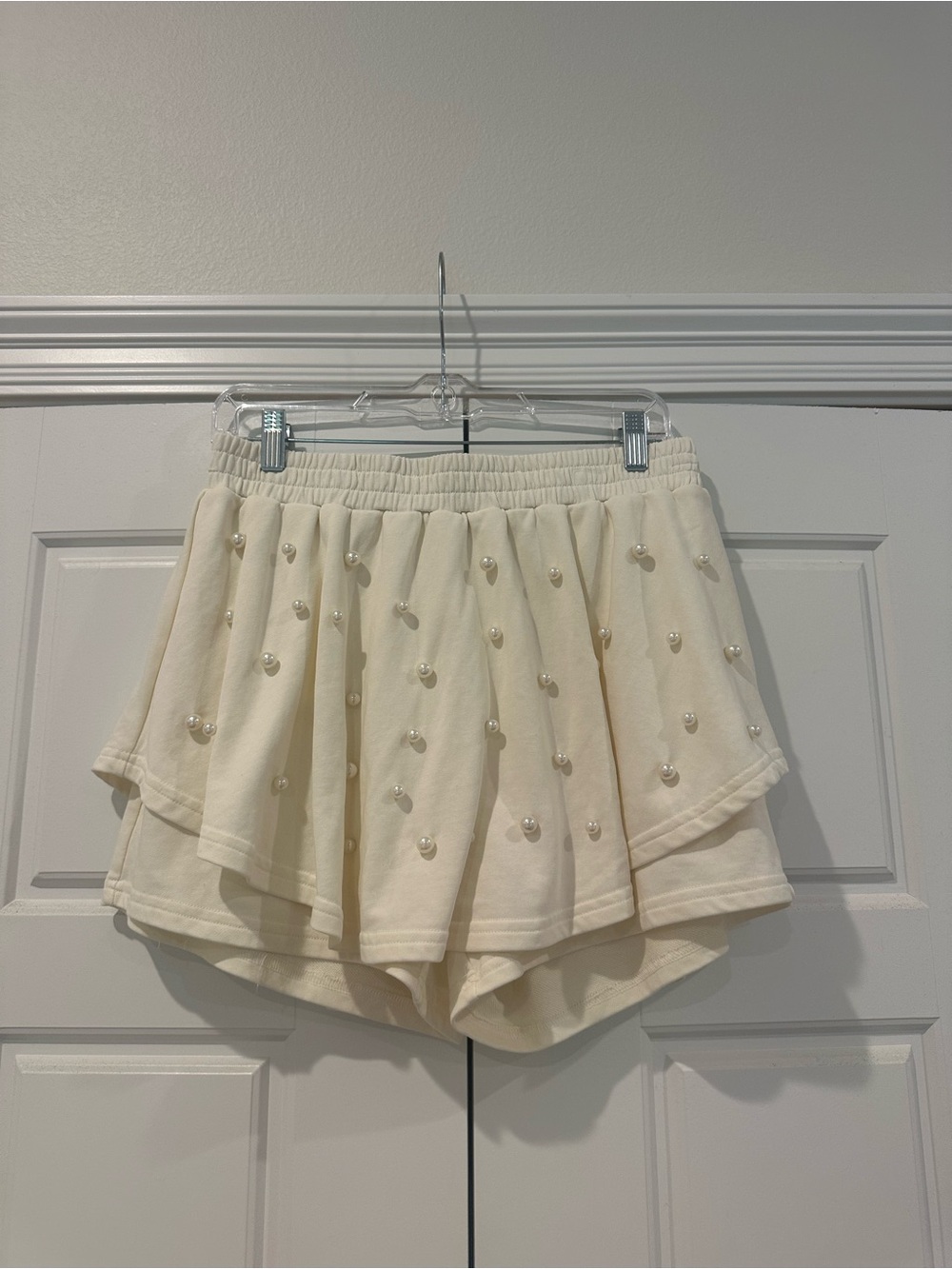 Entro Pearl-Embellished Ivory Layered Skort Shorts